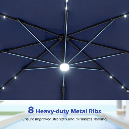 10 FT Cantilever Patio Umbrella with Solar LED Lights & Base