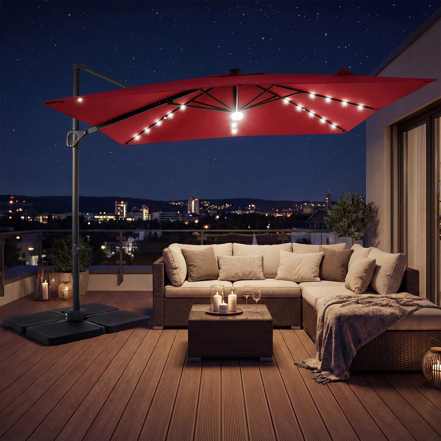 10 FT Cantilever Patio Umbrella with Solar LED Lights & Base