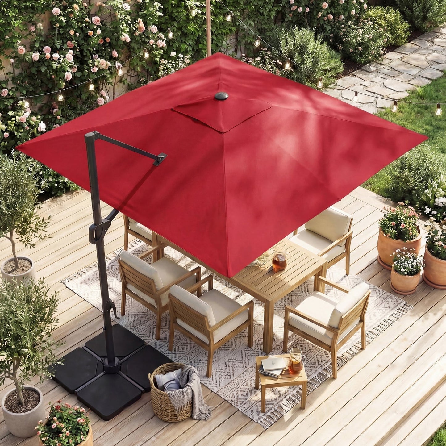 10 FT Cantilever Patio Umbrella with Solar LED Lights & Base