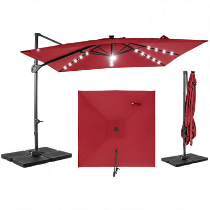 10 FT Cantilever Patio Umbrella with Solar LED Lights & Base