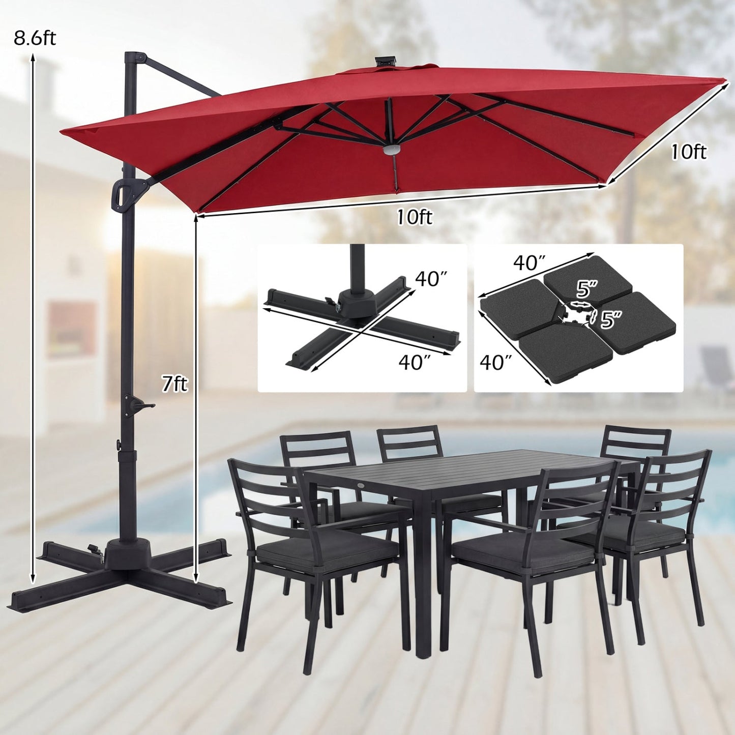 10 FT Cantilever Patio Umbrella with Solar LED Lights & Base