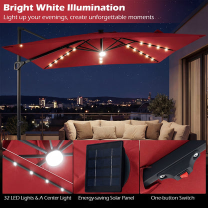 10 FT Cantilever Patio Umbrella with Solar LED Lights & Base