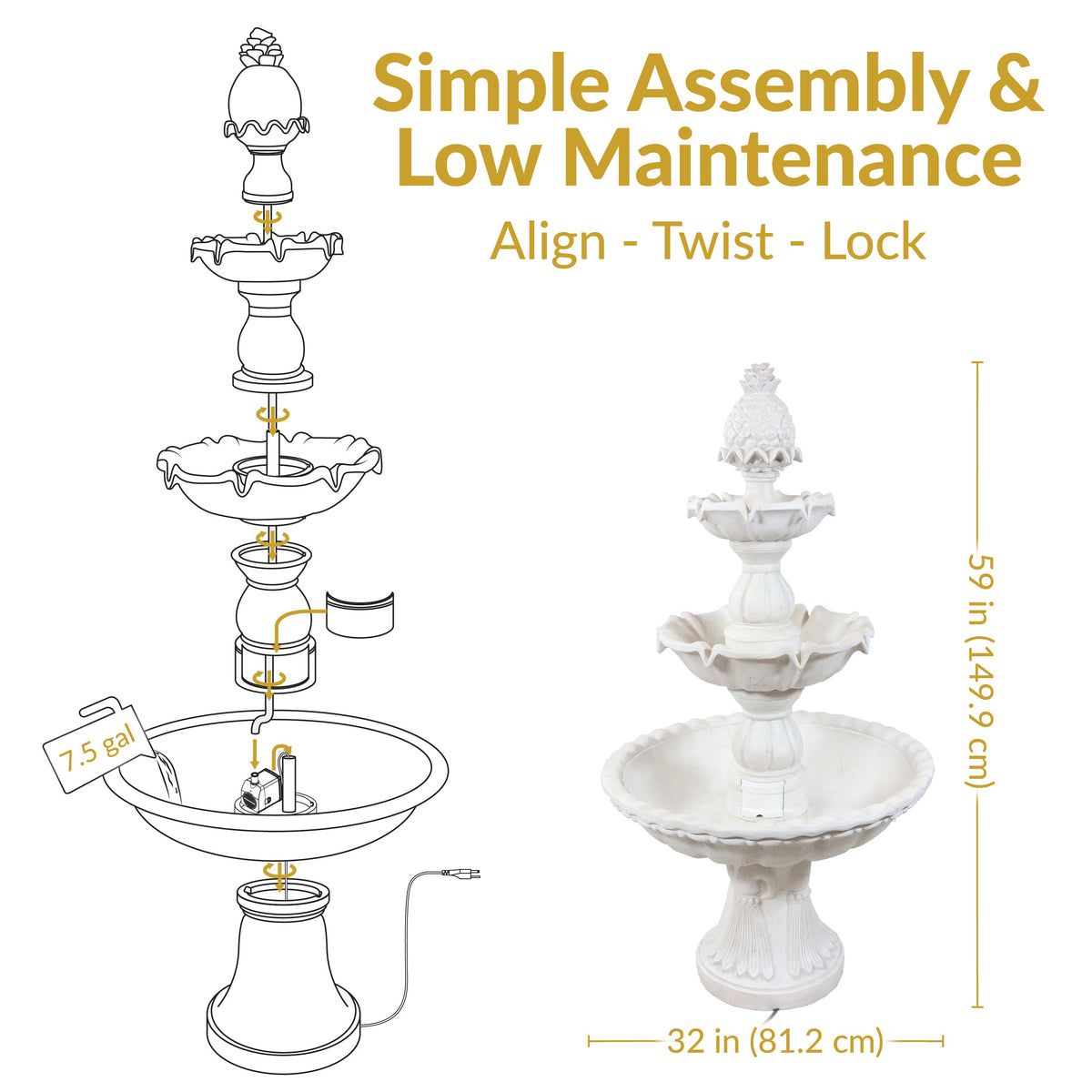 Sunnydaze Welcome 3-Tier Outdoor Water Fountain for Garden - 57"